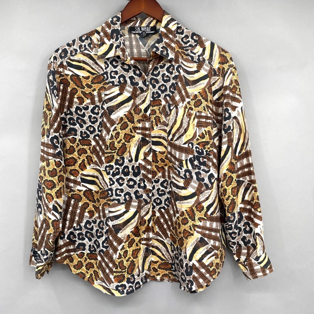 Vtg SK Wear Silk Button Up Shirt Womens Large Animal Print Plaid Long Sleeve